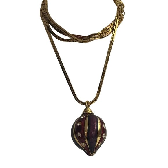 Gold Tone Red Purple Green Enamel Clear Rhinestone Orb Ornament Pendant Necklace - Picture 6 of 6